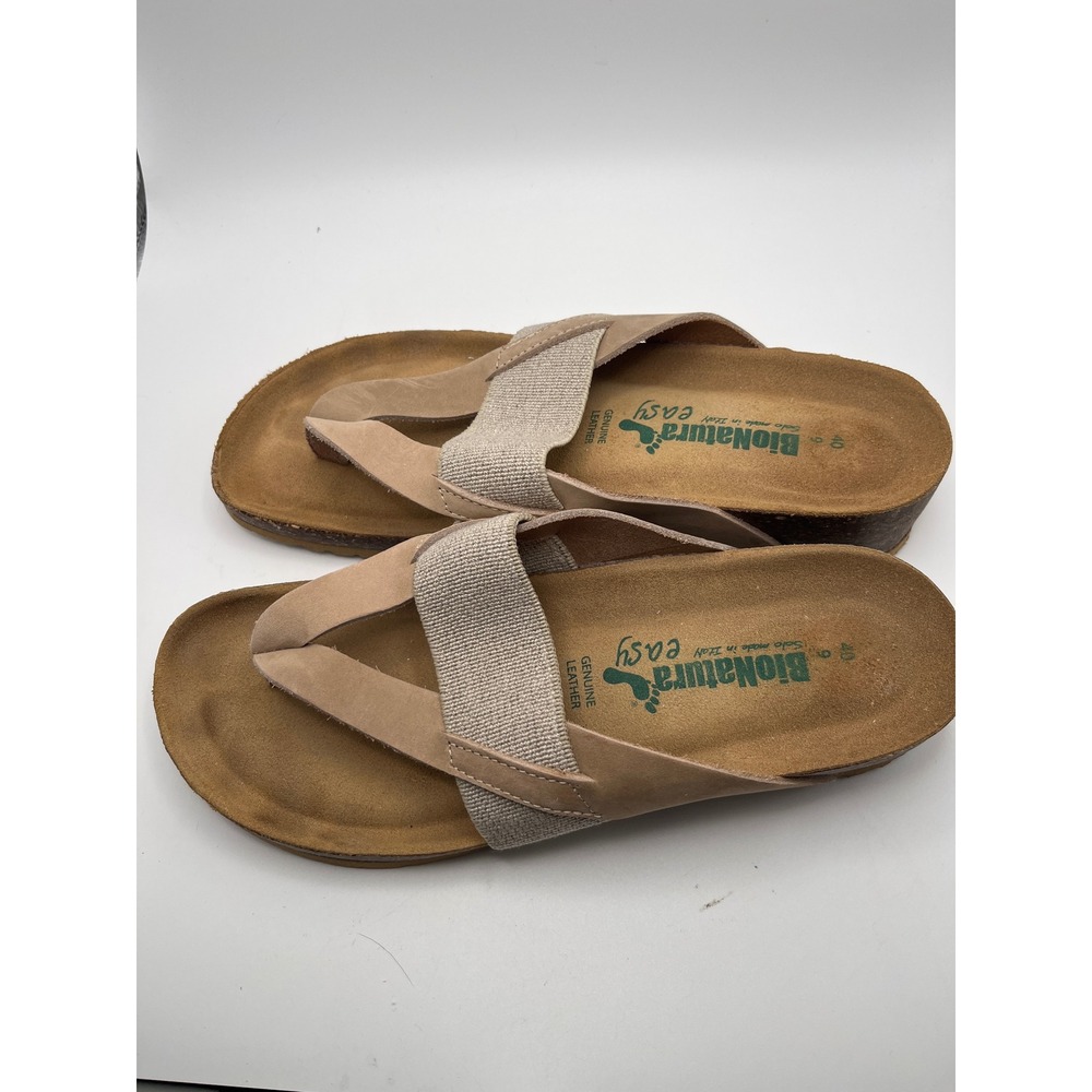 BioNatura Easy Tan Leather Cork Wedge Thong Sandals Made in Italy Womens 40 9